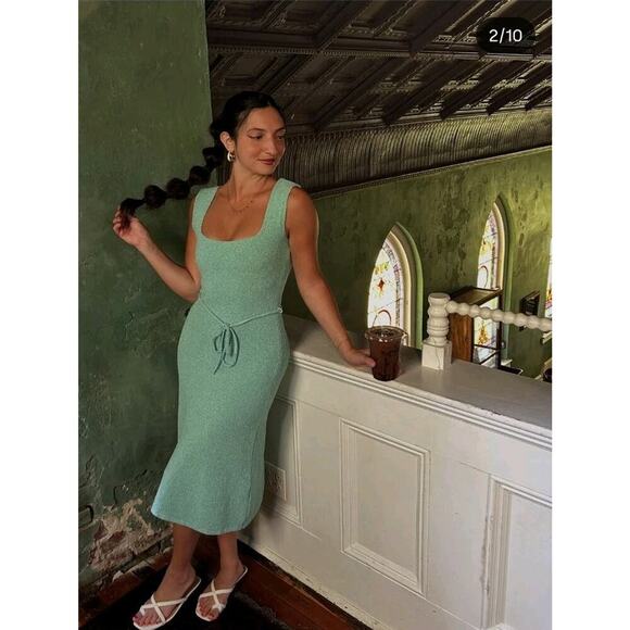 Zara Green Knit Sweater Tie Waist Sleeveless Cute Midi Dress Size Medium - Picture 1 of 9